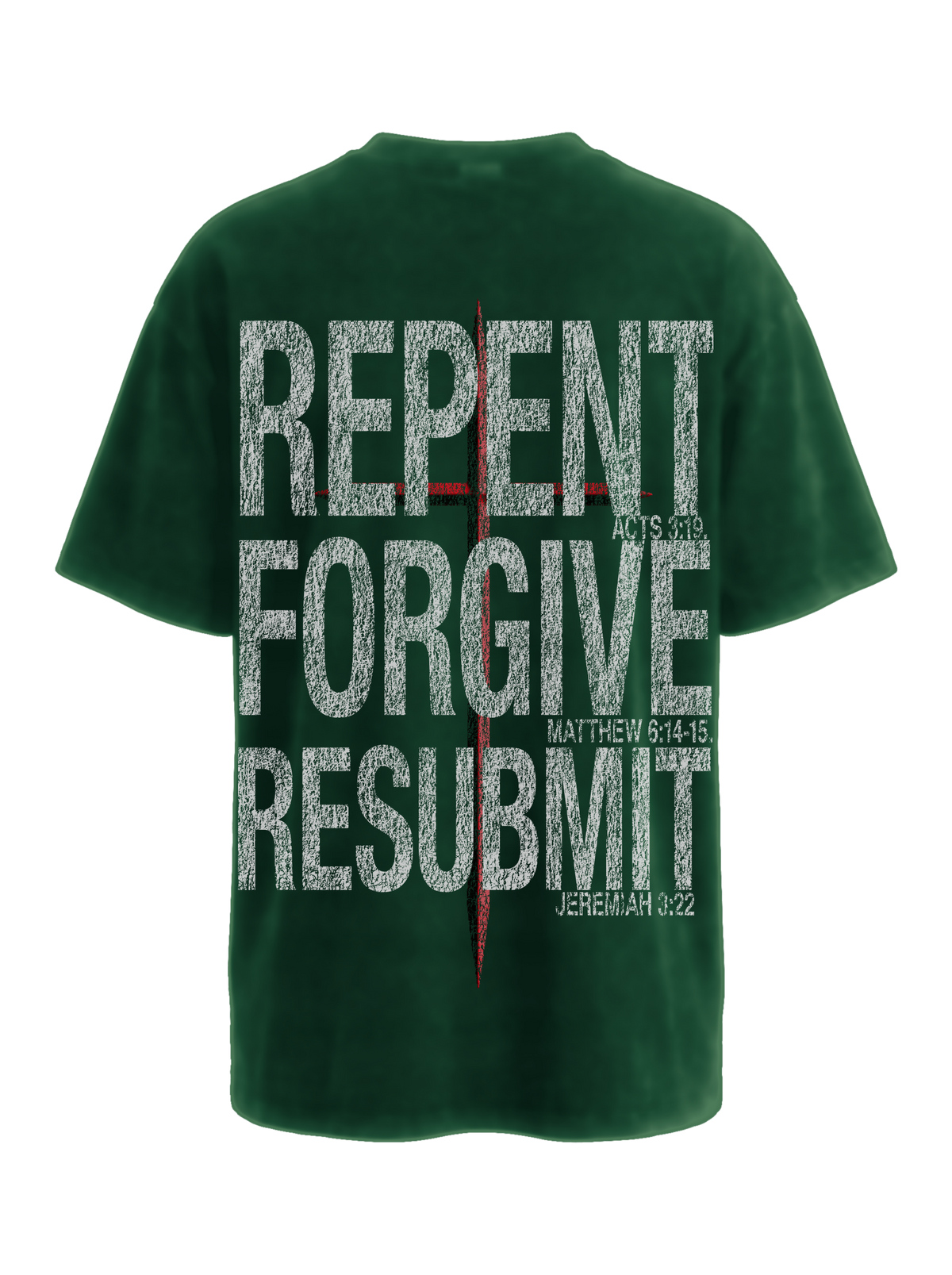Be Reminded Reminder Tee forest green back mockup with Repent Forgive Resubmit print