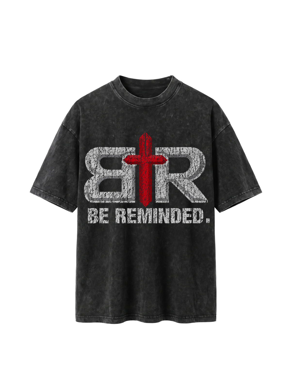 Be Reminded Reminder Tee mineral wash front mockup with B R cross logo