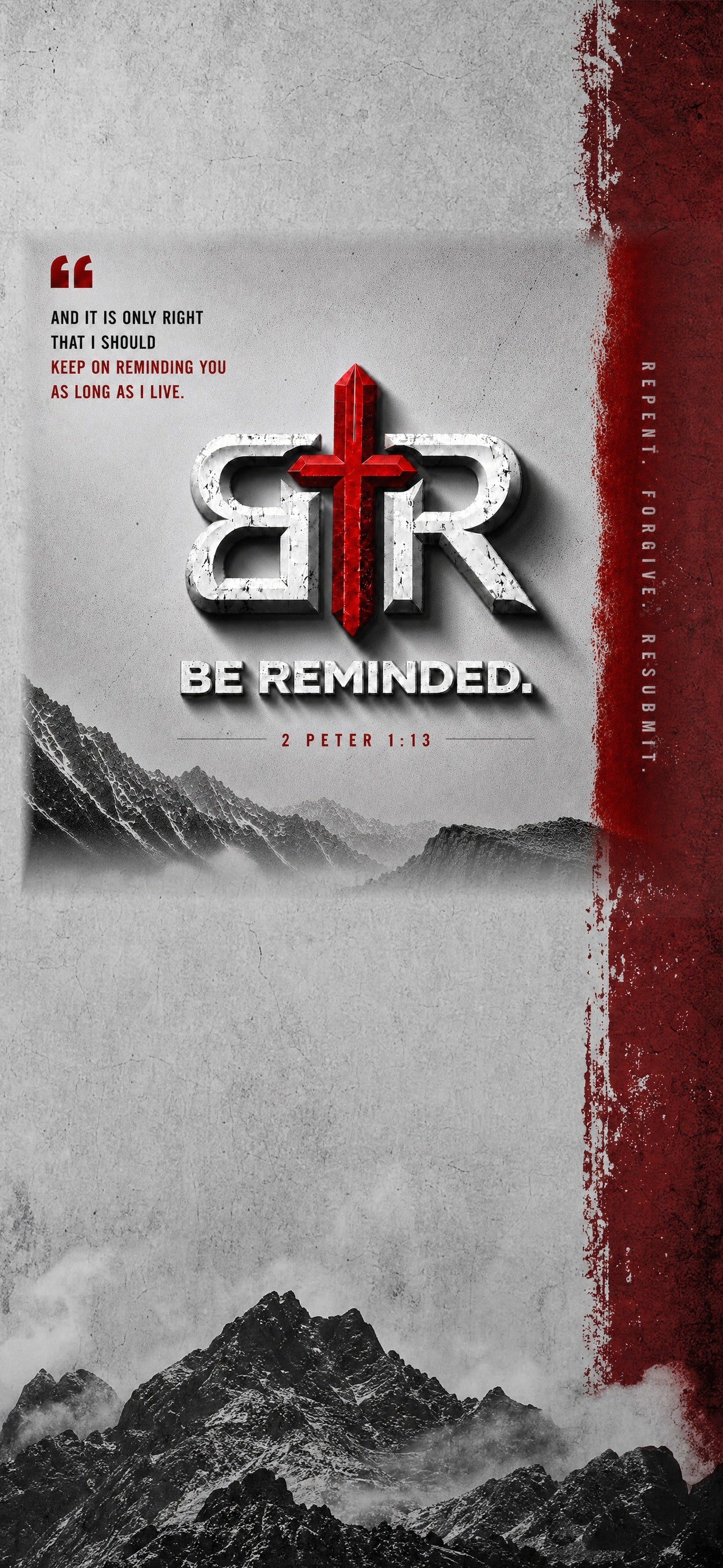iPhone wallpaper with the Be Reminded cross logo, mountain artwork, and 2 Peter 1:13 reminder text