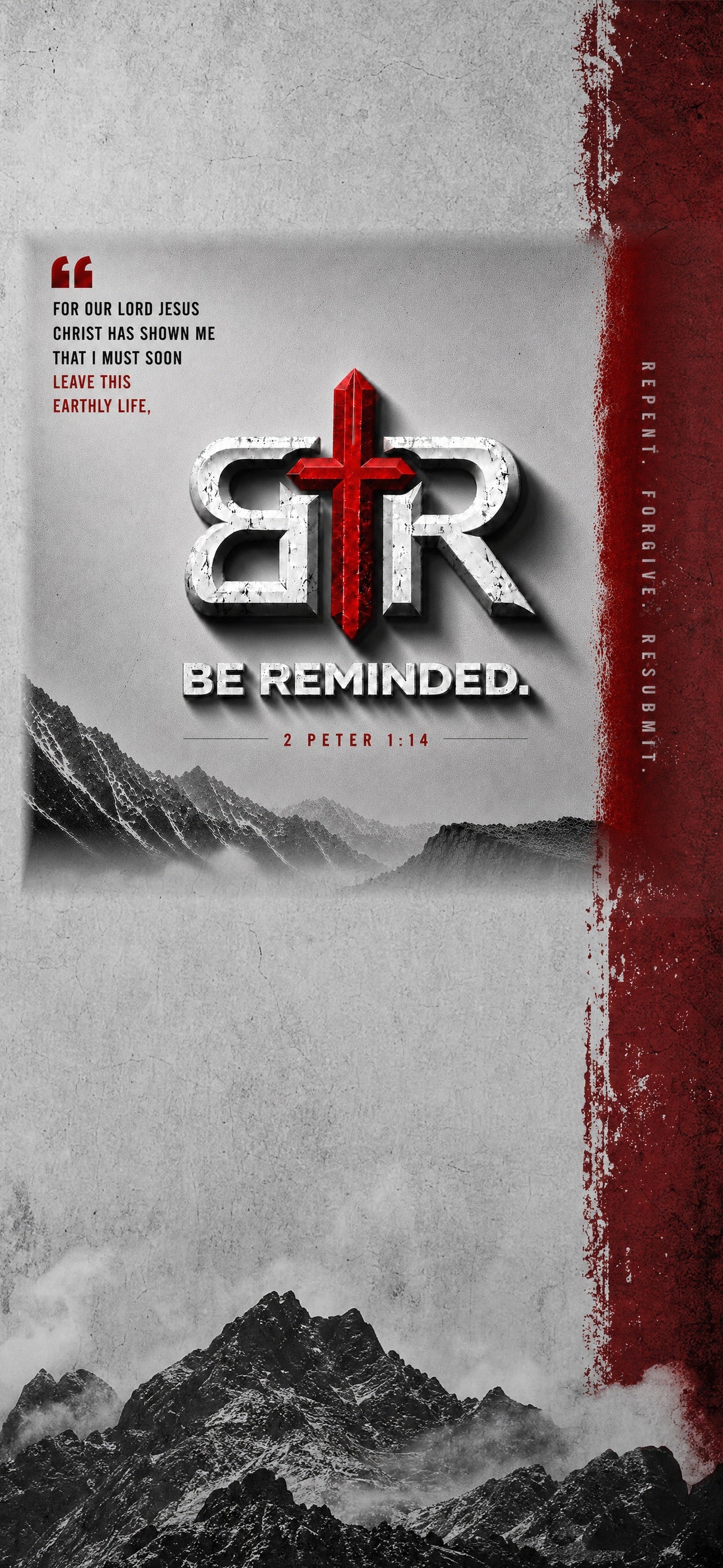 iPhone wallpaper with the Be Reminded cross logo, mountain artwork, and 2 Peter 1:14 reminder text